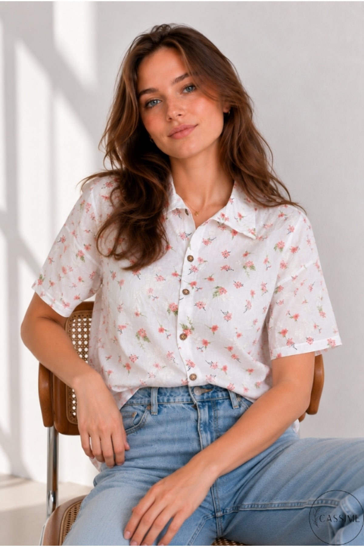 Women's Coral Mini Floral Cotton Short Sleeve Shirt - product photo 6