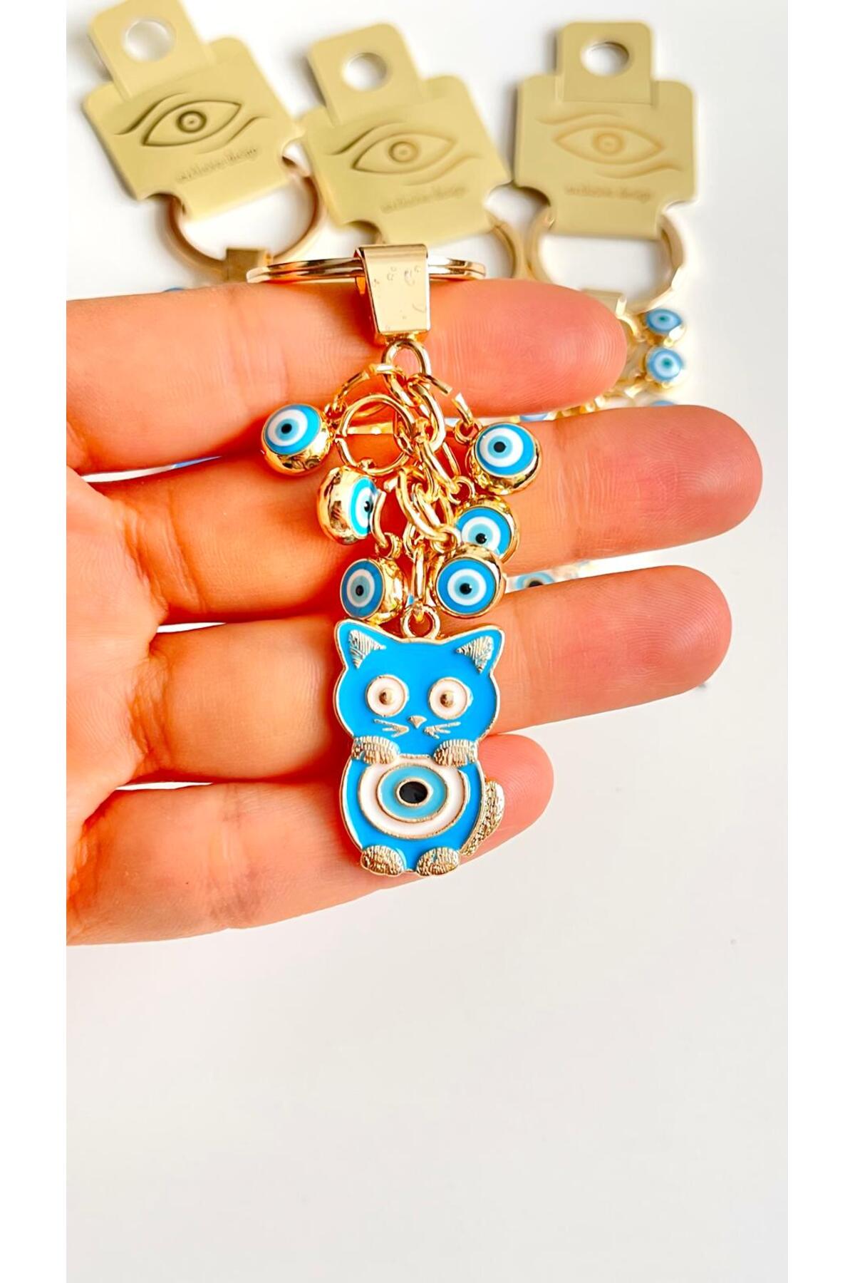 Madeleine Dangling Evil Eye Keychain - Blue Cat Design