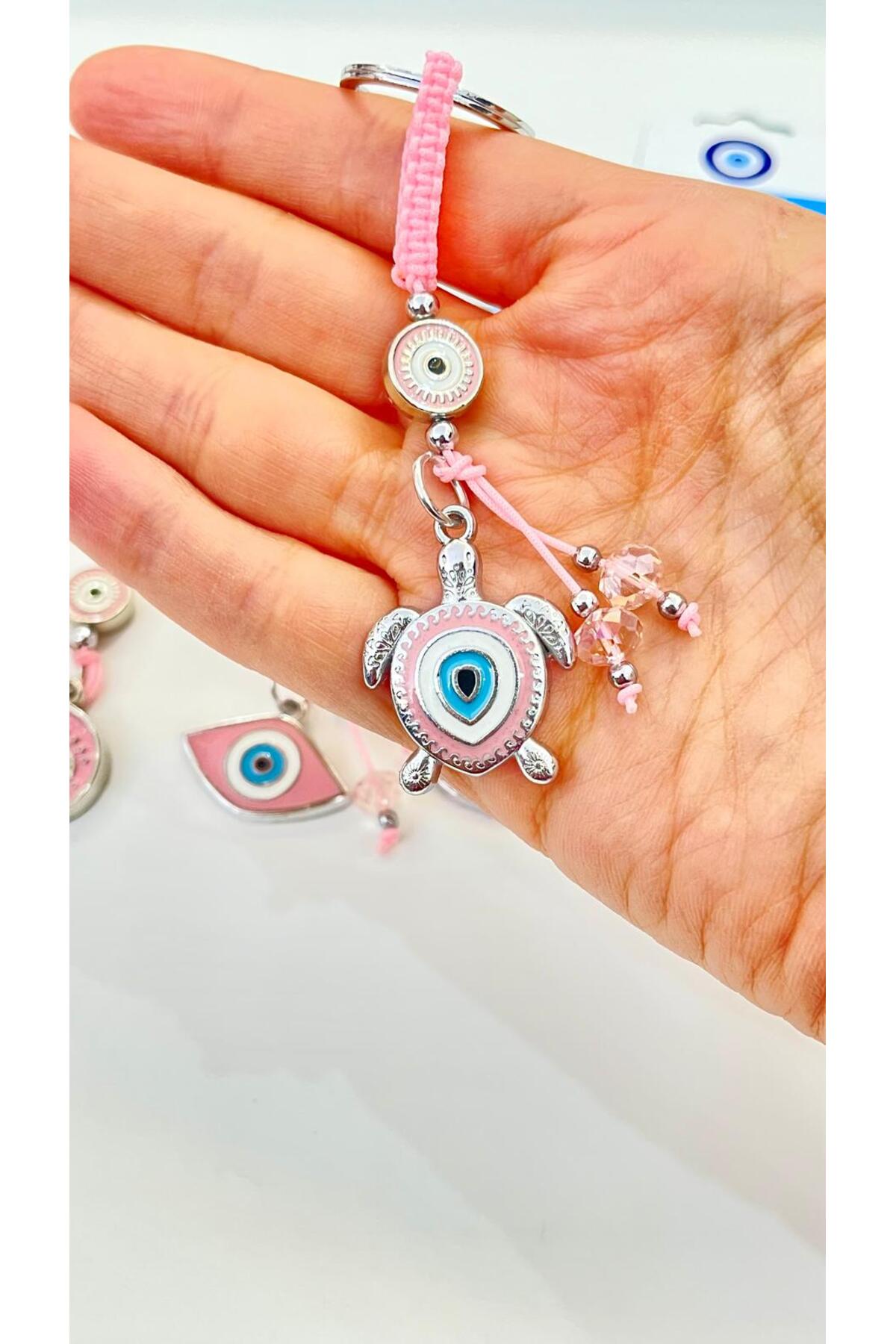Abigail Silver-Plated Evil Eye Keychain - Pink Turtle Design