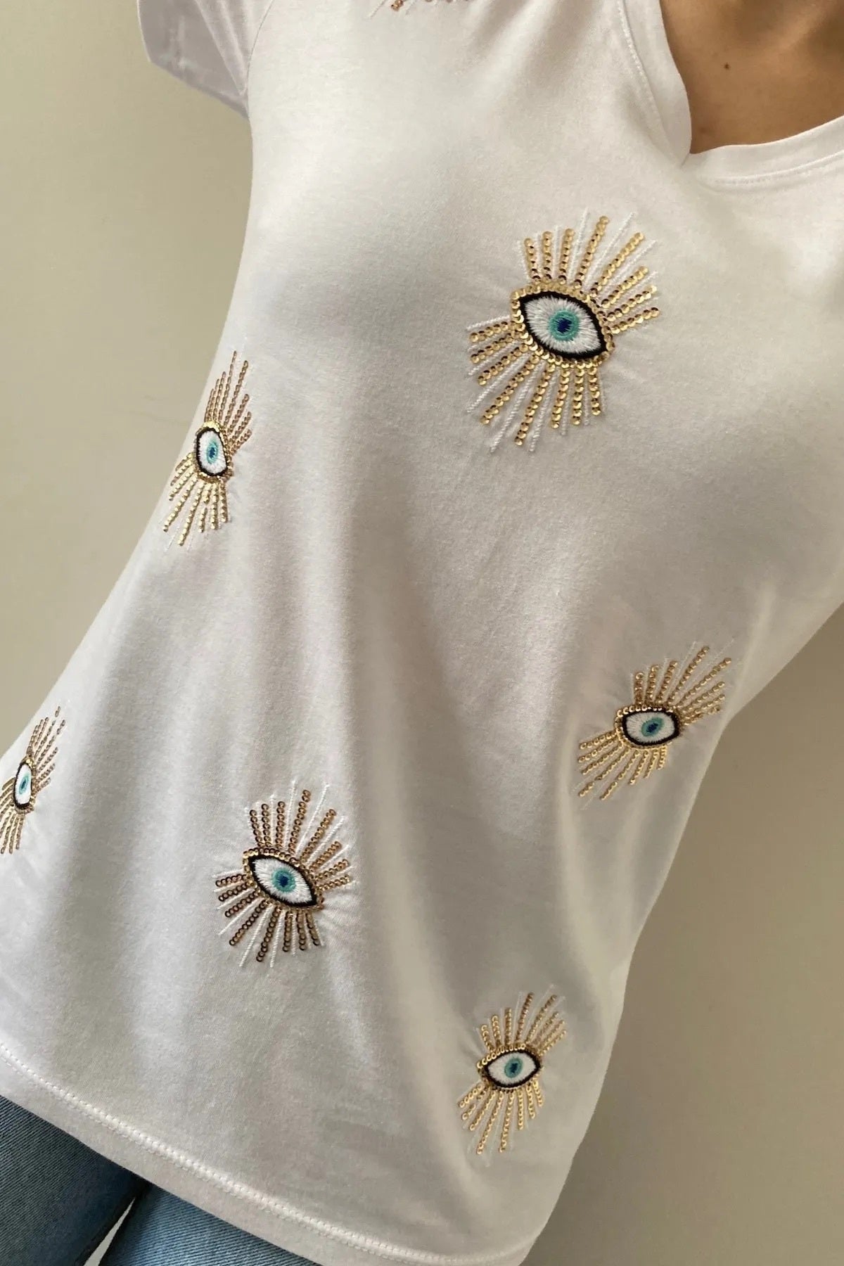 Olivia Women's Plus Size Embellished V-Neck T-Shirt - White Evil Eye Sequin Embellishment