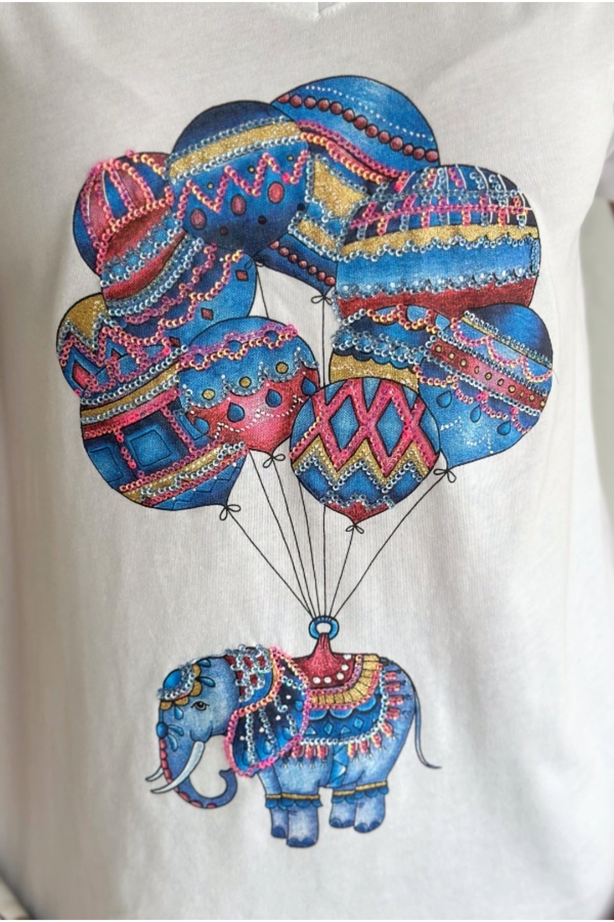 Olivia Women's Cotton Plus Size Embellished V-Neck T-Shirt - White with Balloon Elephant Sequins