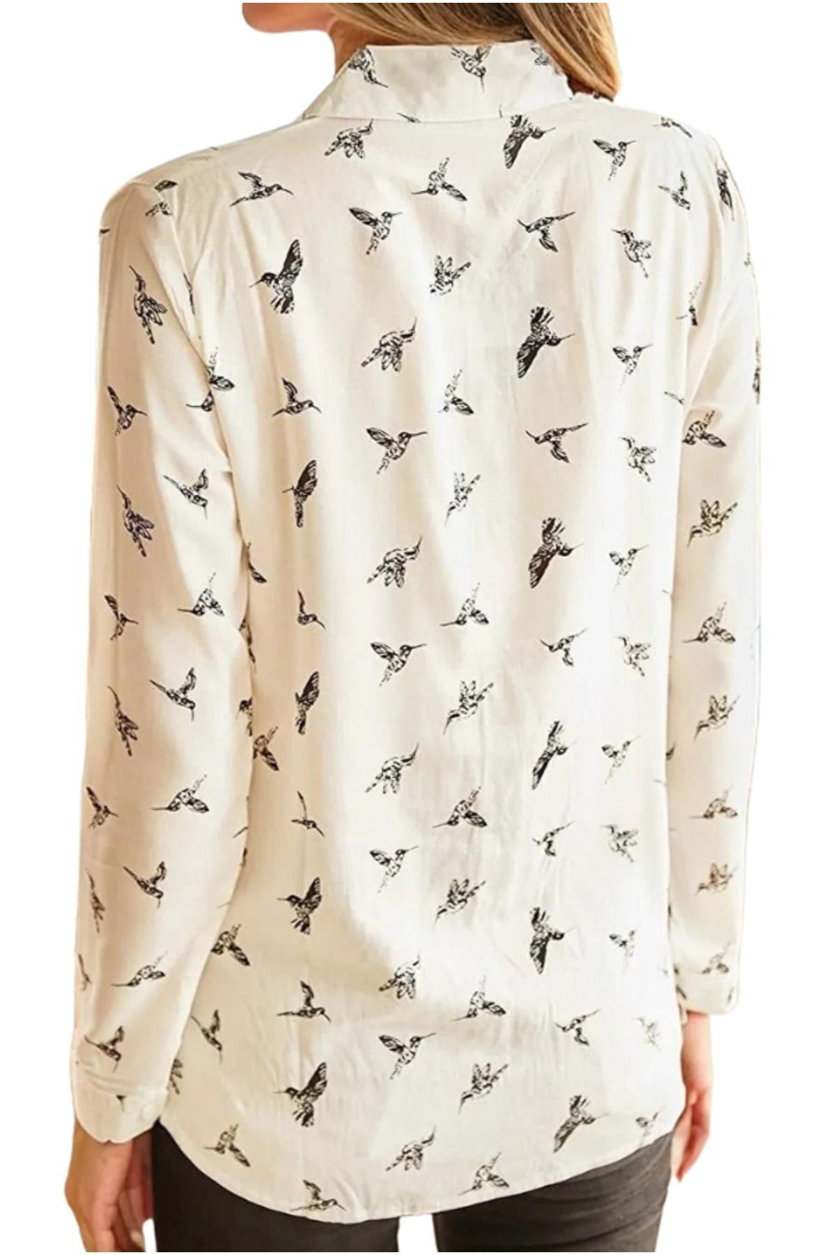 Amelia Women's Long Sleeve Button-Up Shirt - White Bird Print