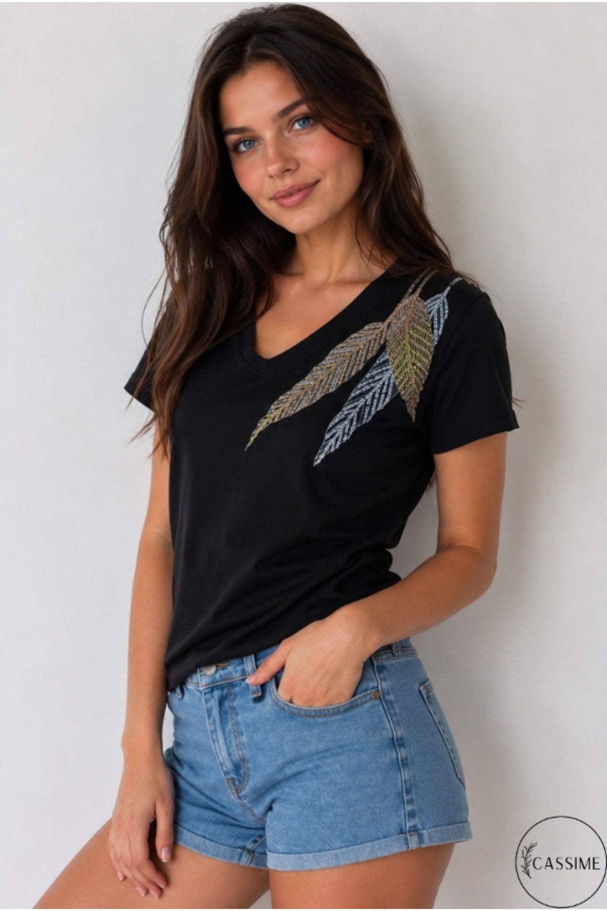 Olivia Women's Cotton Plus Size Embellished V-Neck T-Shirt - Black and Blue Feather Print