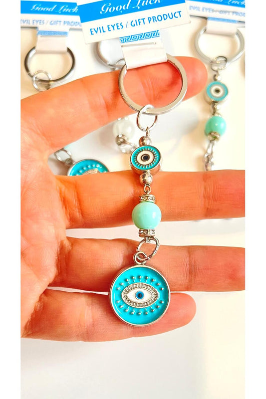 Abigail Silver-Plated Evil Eye Keychain - Round Turquoise Evil Eye Metal