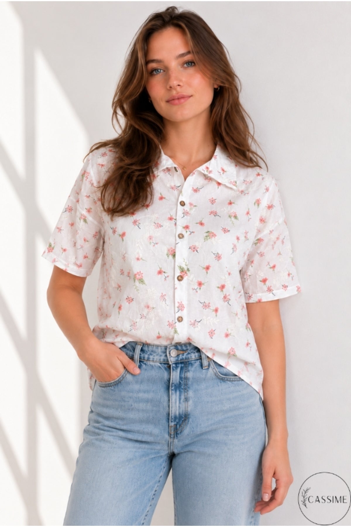 Women's Coral Mini Floral Cotton Short Sleeve Shirt - product photo 4