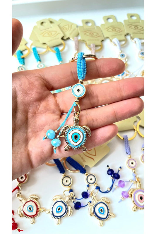Ivy Gold-Plated Evil Eye Keychain - Light Blue Turtle Design