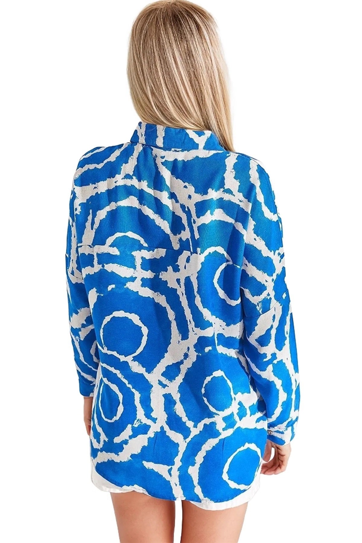 Emilia Women's Linen-Viscose Blend Oversized Printed Shirt - Blue Ring Pattern