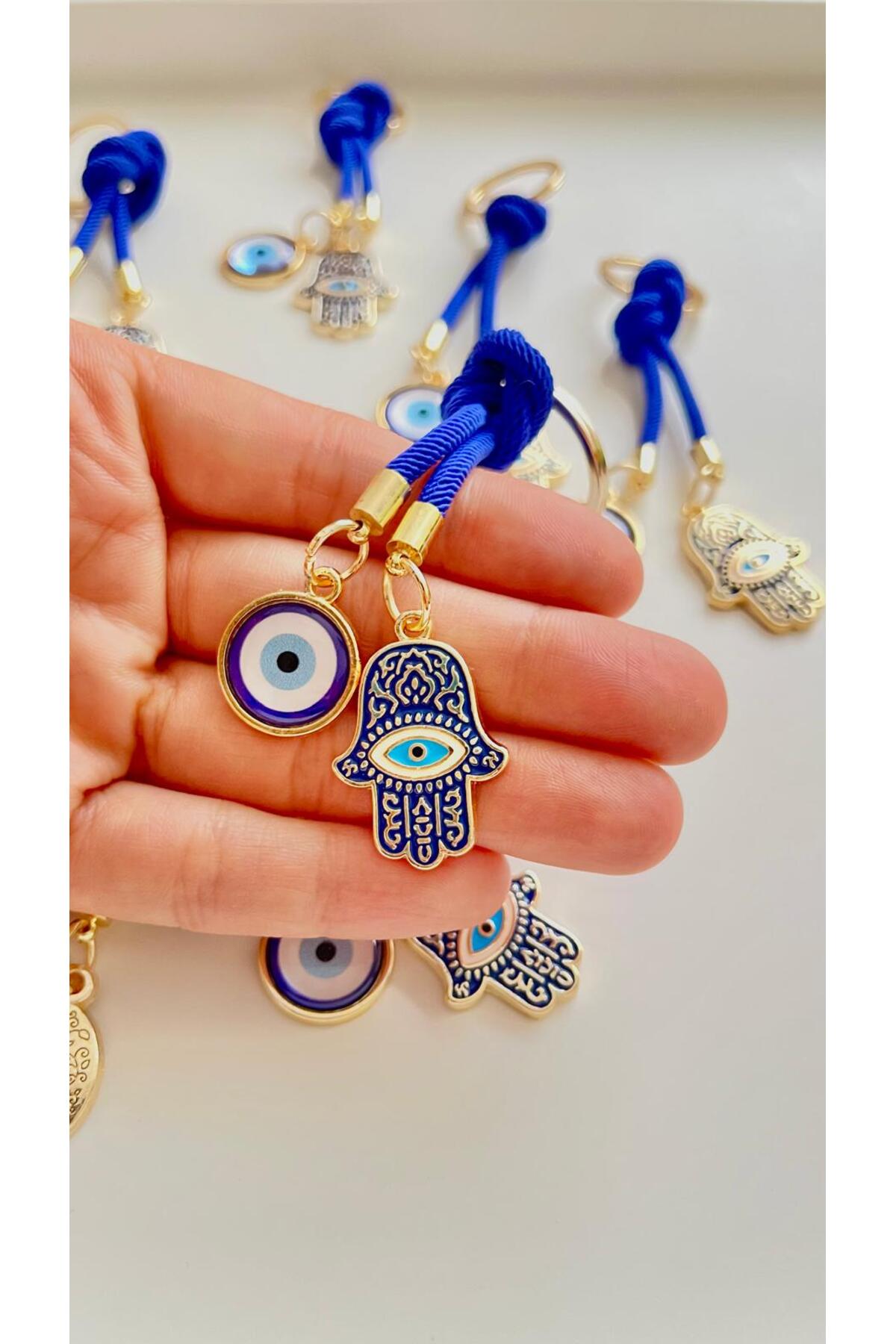 Rose Evil Eye Cord Keychain - Navy and Gold Hamsa Design