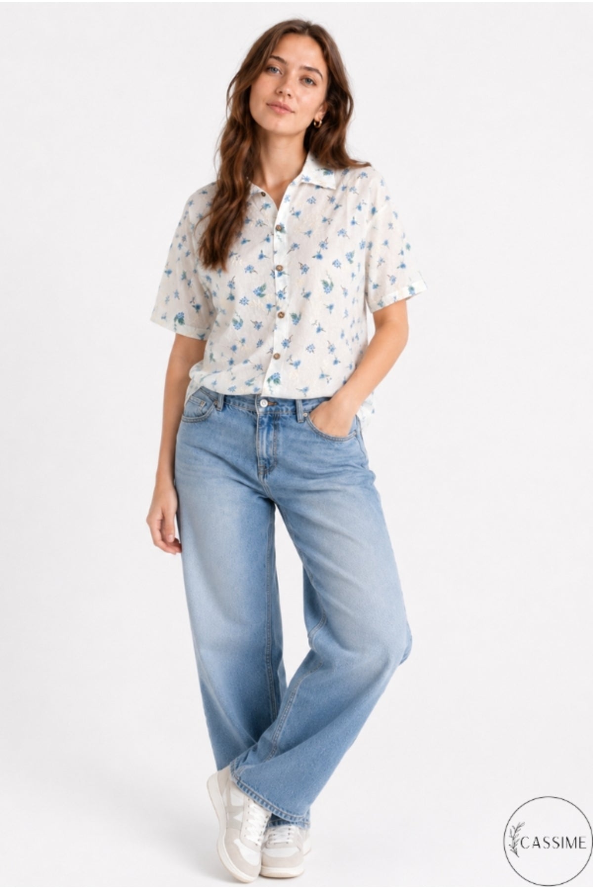 Women's Blue Mini Floral Cotton Short Sleeve Shirt - product photo 4