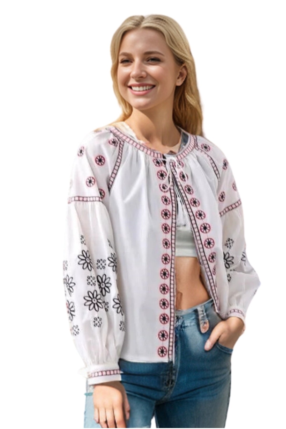 Rachel Women's Floral Embroidered Tassel Jacket - White with Pink Embroidery