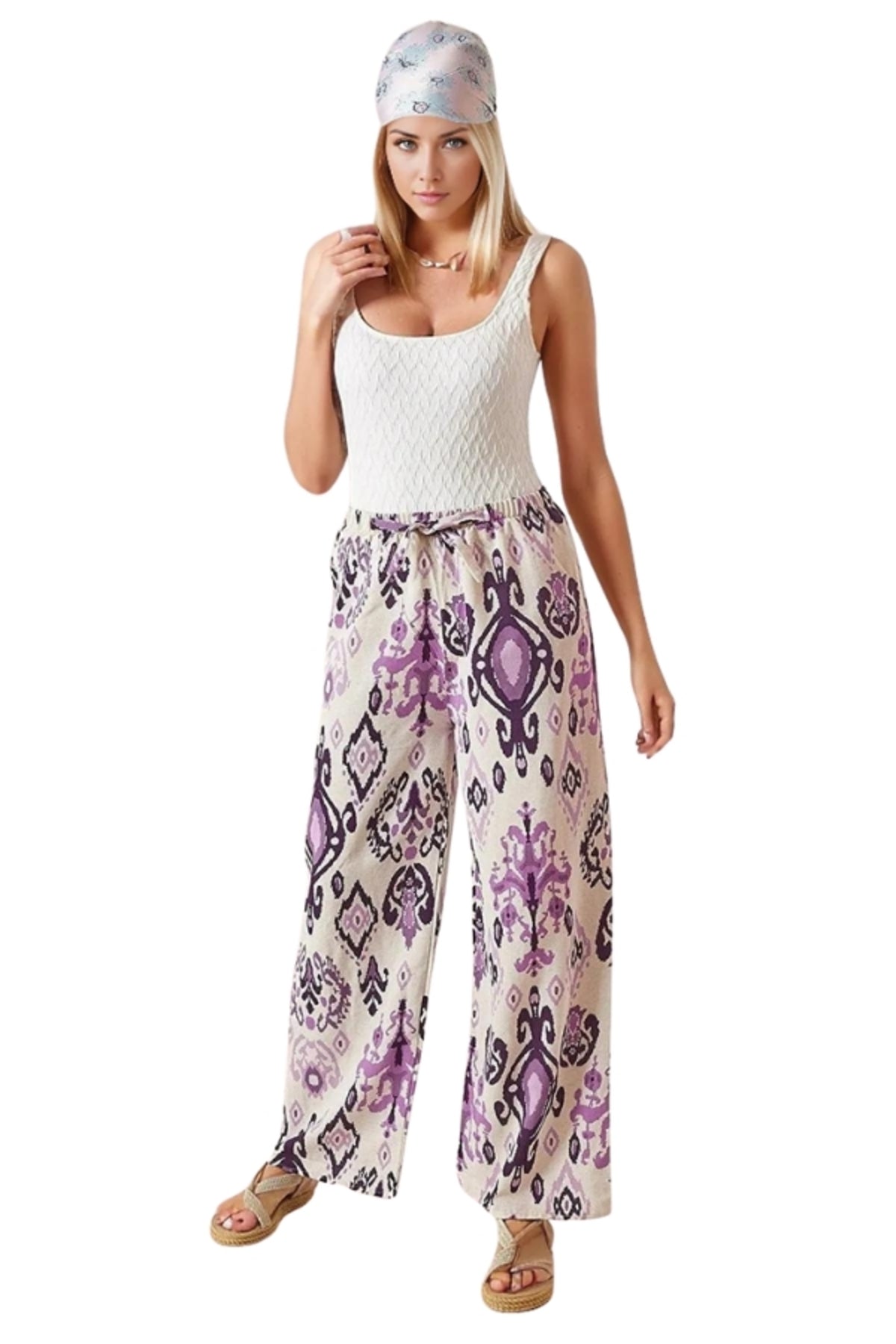 Lucy Women's Linen-Viscose Blend Wide Leg Palazzo Pants - Boho Purple Print