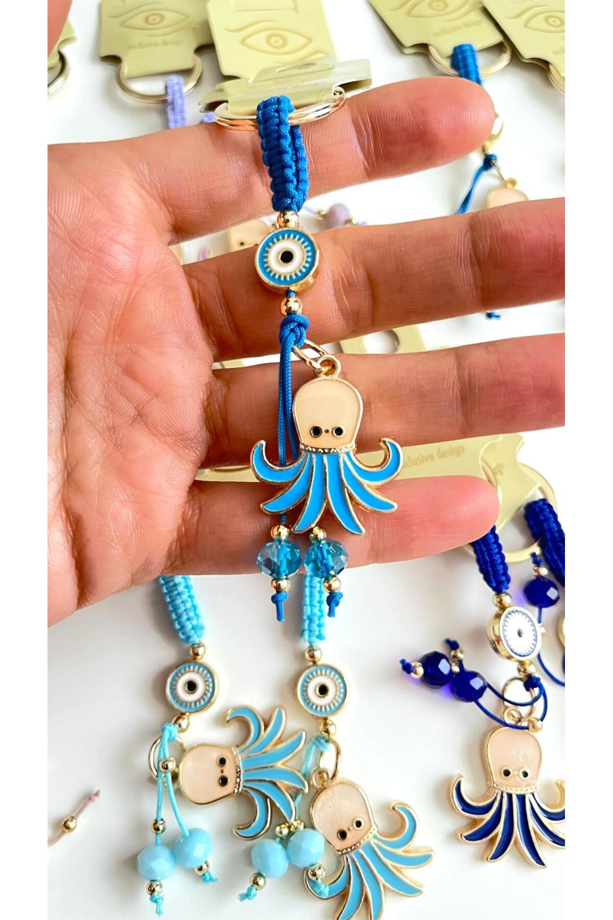 Ivy Gold-Plated Evil Eye Keychain - Royal Blue Octopus Design