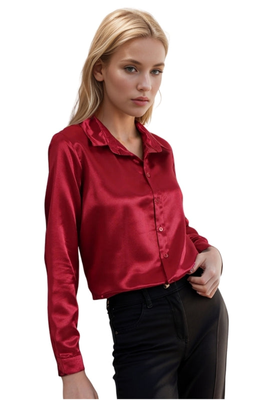 Rebecca Women's Classic Satin Button-Up Shirt - Burgundy