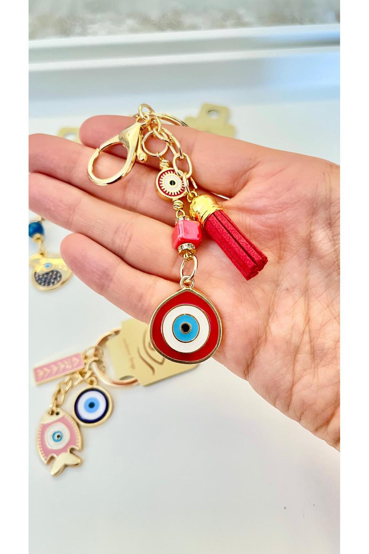 Hannah Gold-Plated Bodrum Bead Keychain - Red Teardrop