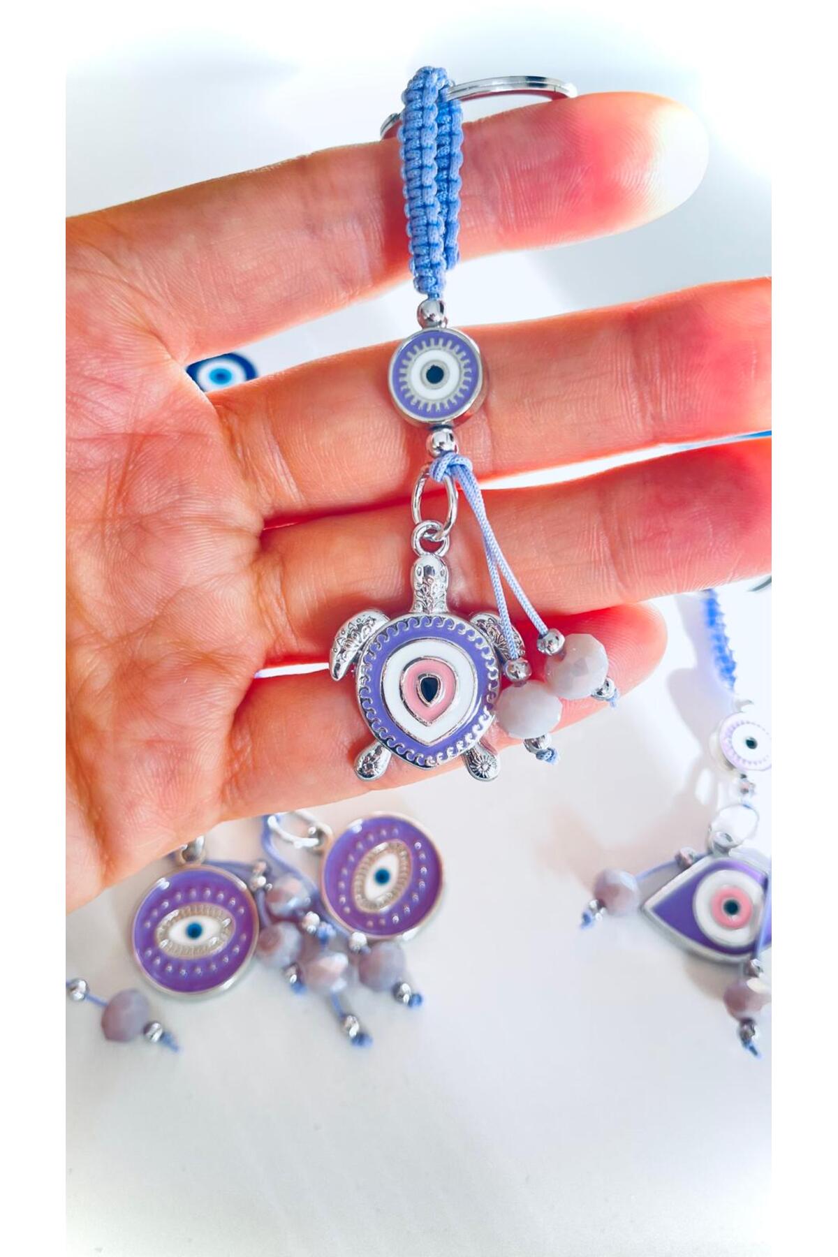 Abigail Silver-Plated Evil Eye Keychain - Lilac Turtle Design