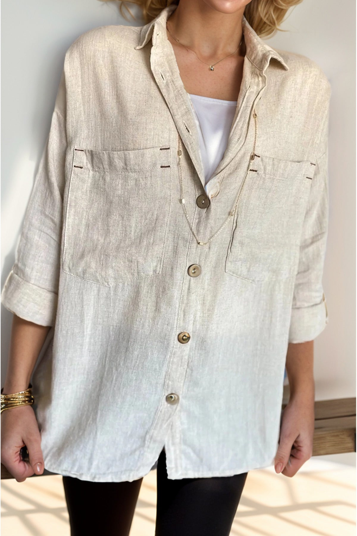 Jasmine Women's Cotton-Linen Blend Oversized Longline Button-Up Shirt - Beige