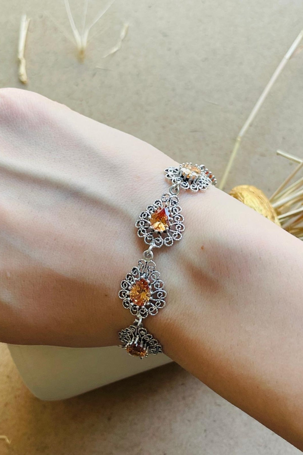 Brooke Seven-Stone Filigree Silver Bracelet - Yellow Rhinestone