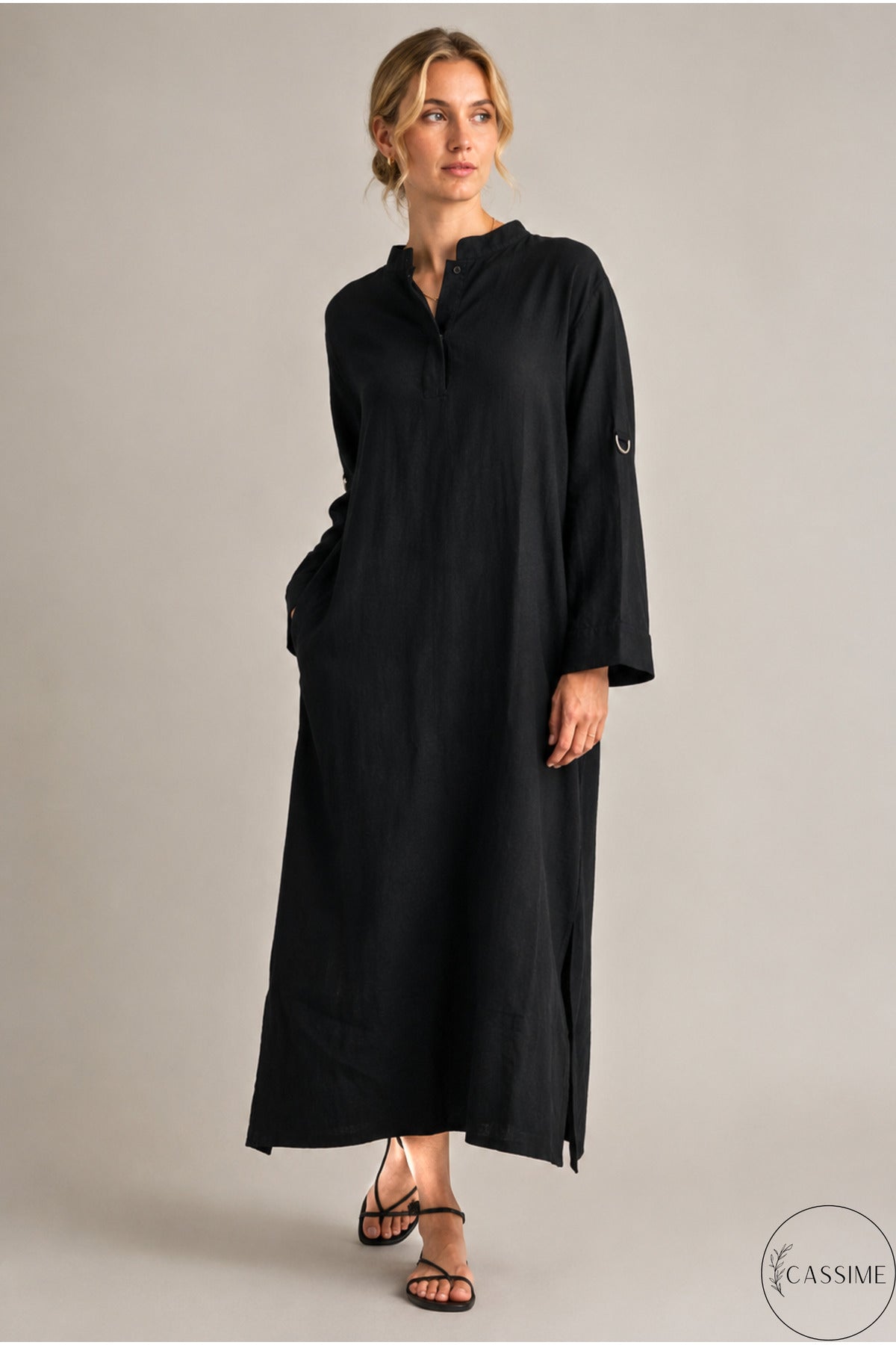Hazel Women's Oversized Muslin Shirt Dress - Black Mandarin Collar