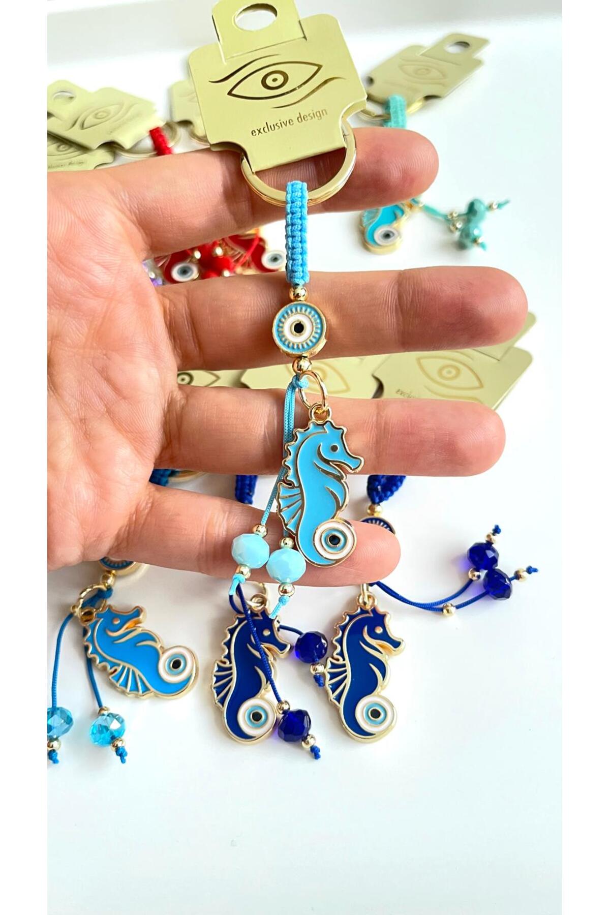 Ivy Gold-Plated Evil Eye Keychain - Light Blue Seahorse