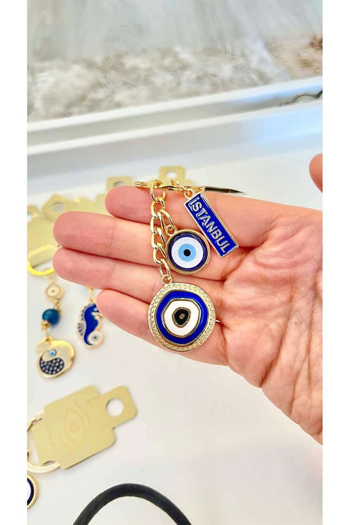 Hannah Gold-Plated Bodrum Bead Keychain - Navy Istanbul