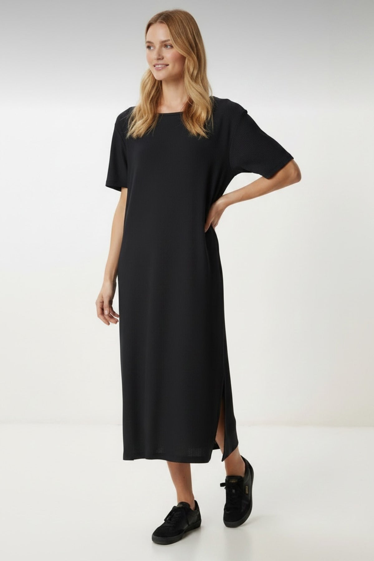 Lucille Women's Half Sleeve Knit Maxi Dress with Slit - Black
