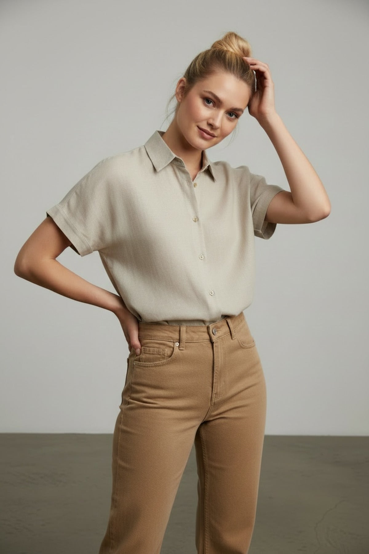 Freya Women's Linen Short Sleeve Batwing Shirt - Beige