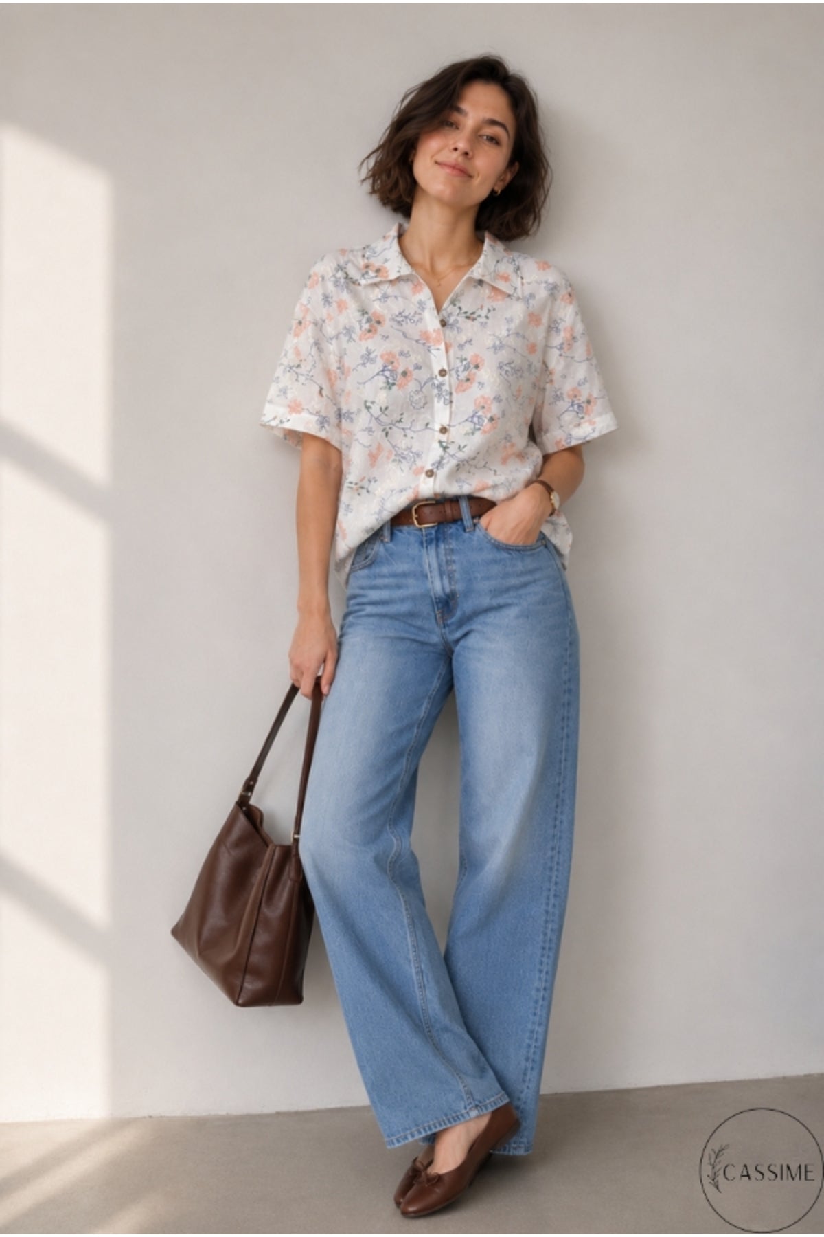 Alice Women's Cotton Floral Short Sleeve Shirt - Peach Floral Embroidery