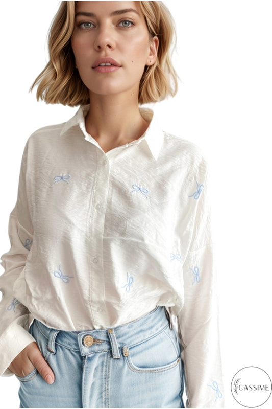 Delilah Women's Cotton Oversized Embellished Long Sleeve Shirt - White with Blue Ribbon Detail