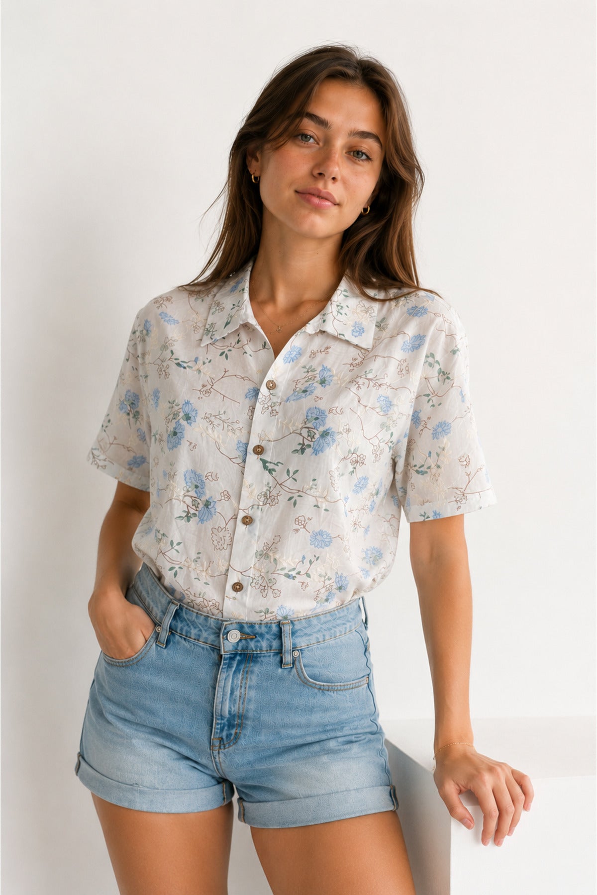 Women's Blue Lotus Floral Embroidered Cotton Short Sleeve Shirt - product photo 2