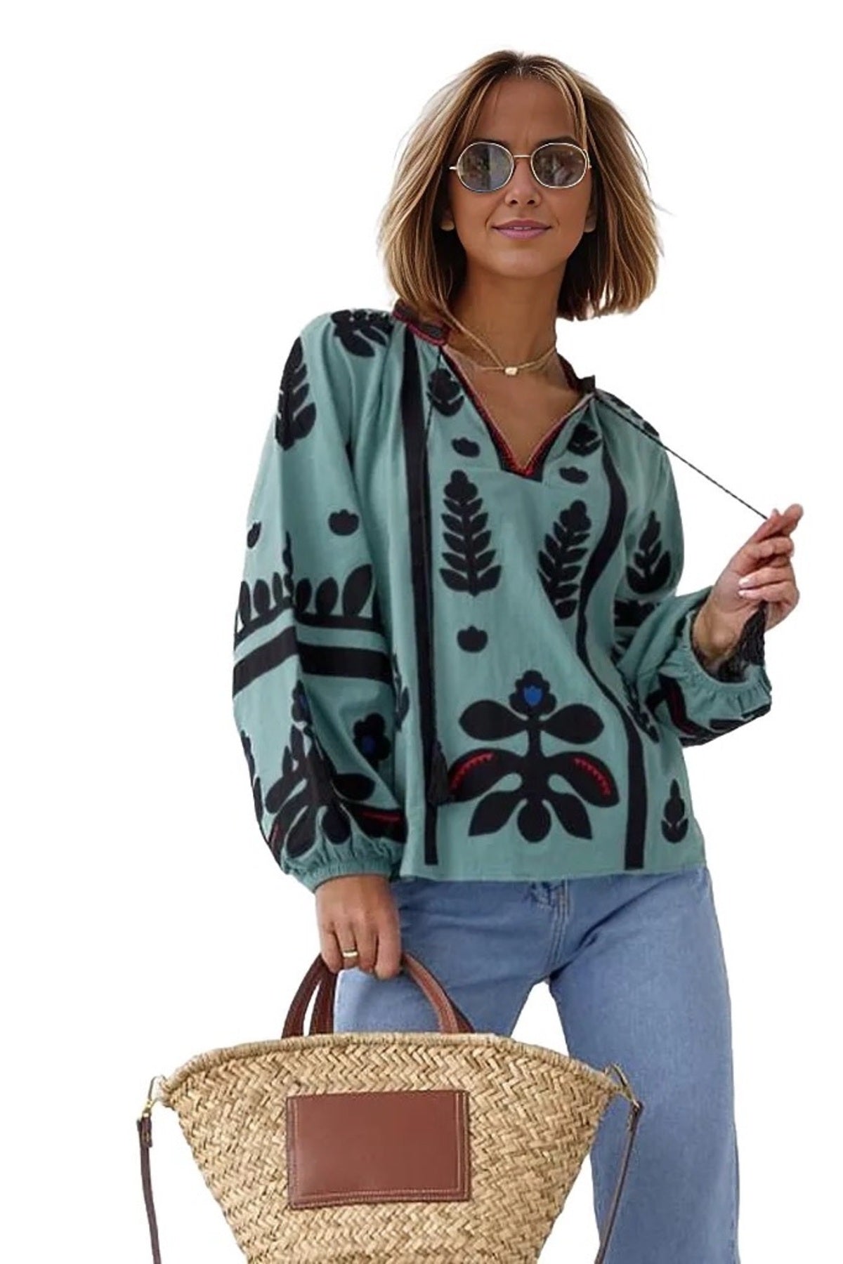 Paige Women's Cotton Embroidered Long Sleeve Woven Blouse - White with Mint and Black Embroidery