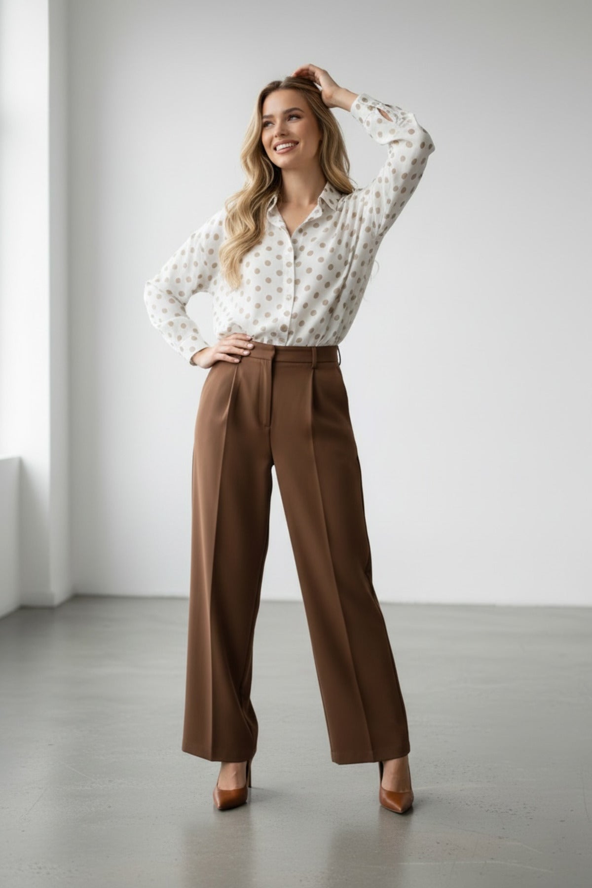 Amelia Women's Viscose Long Sleeve Button-Up Shirt - Cream with Light Brown Polka Dots