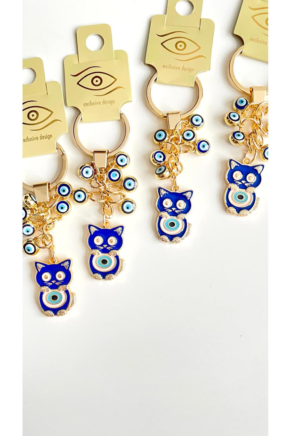 Madeleine Dangling Evil Eye Keychain - Navy Cat Design