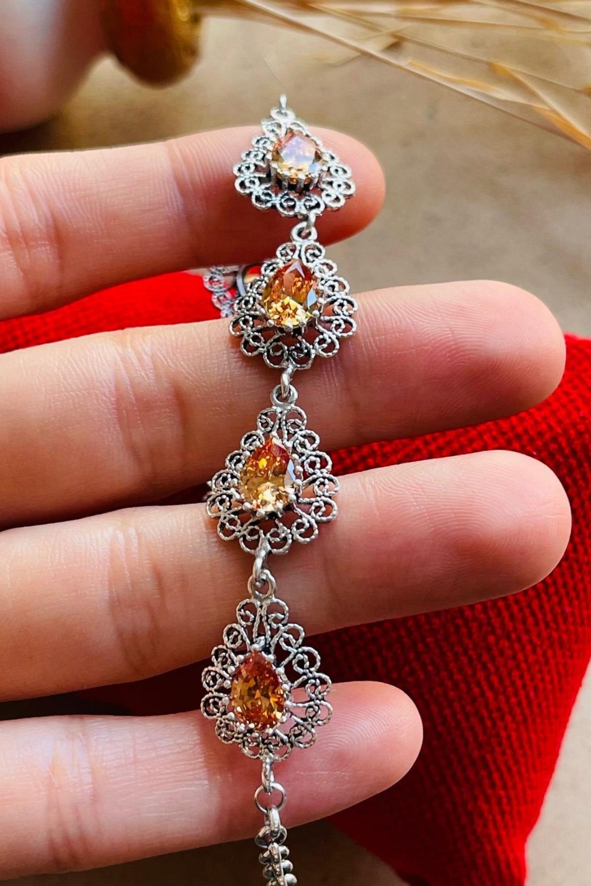 Brooke Seven-Stone Filigree Silver Bracelet - Yellow Rhinestone