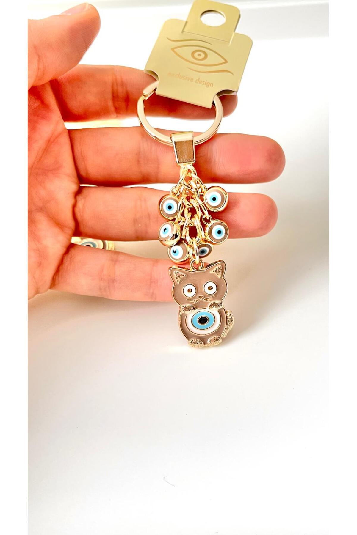 Madeleine Dangling Evil Eye Keychain - Beige Cat Design