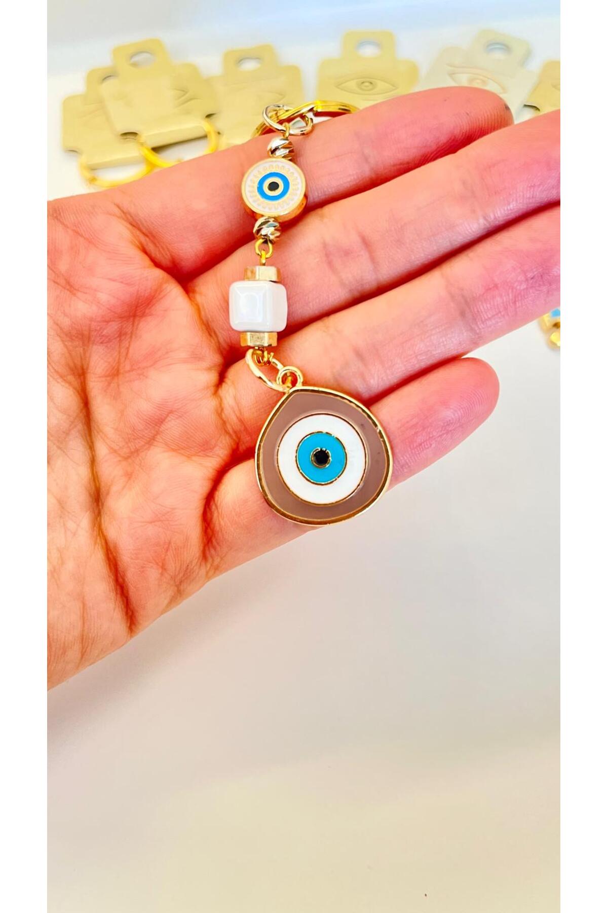 Hannah Gold-Plated Bodrum Bead Keychain - Beige Teardrop