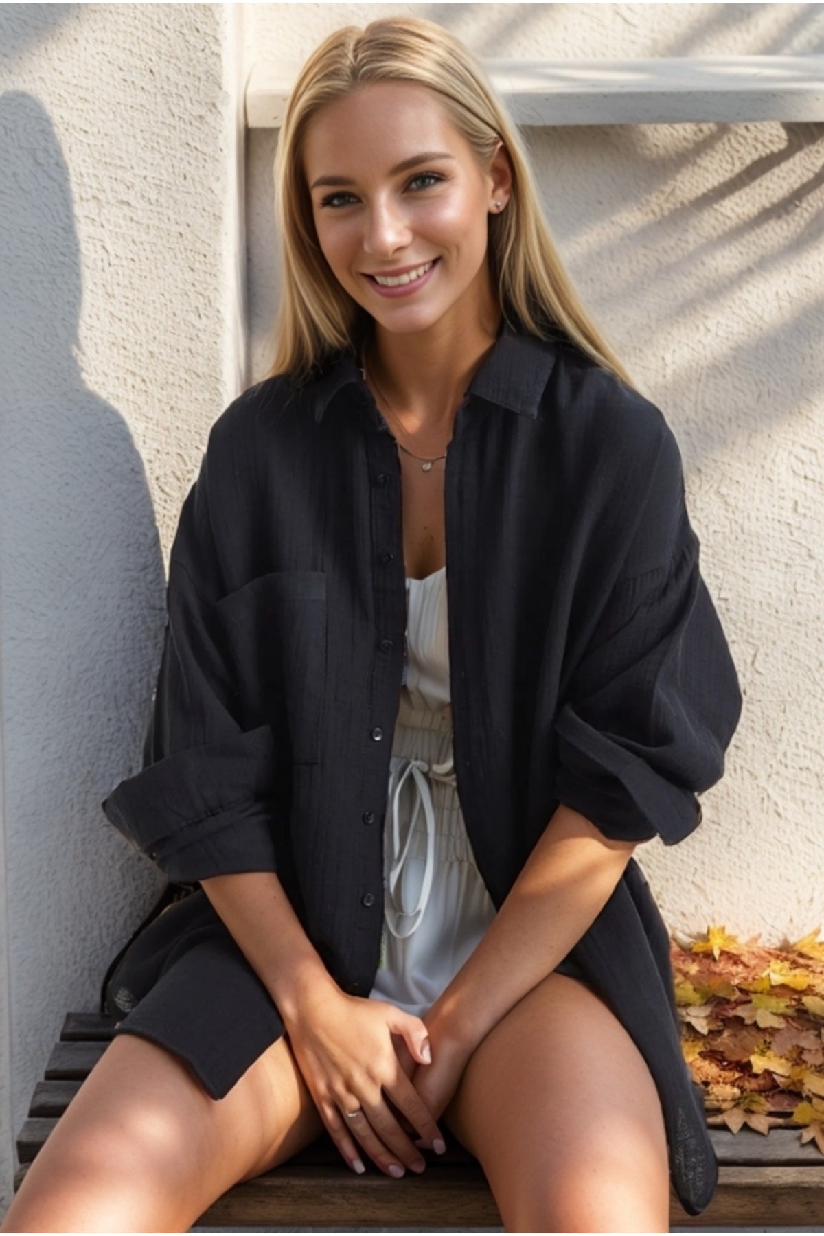 Maya Women's Oversized Muslin Pocket Shirt - Black