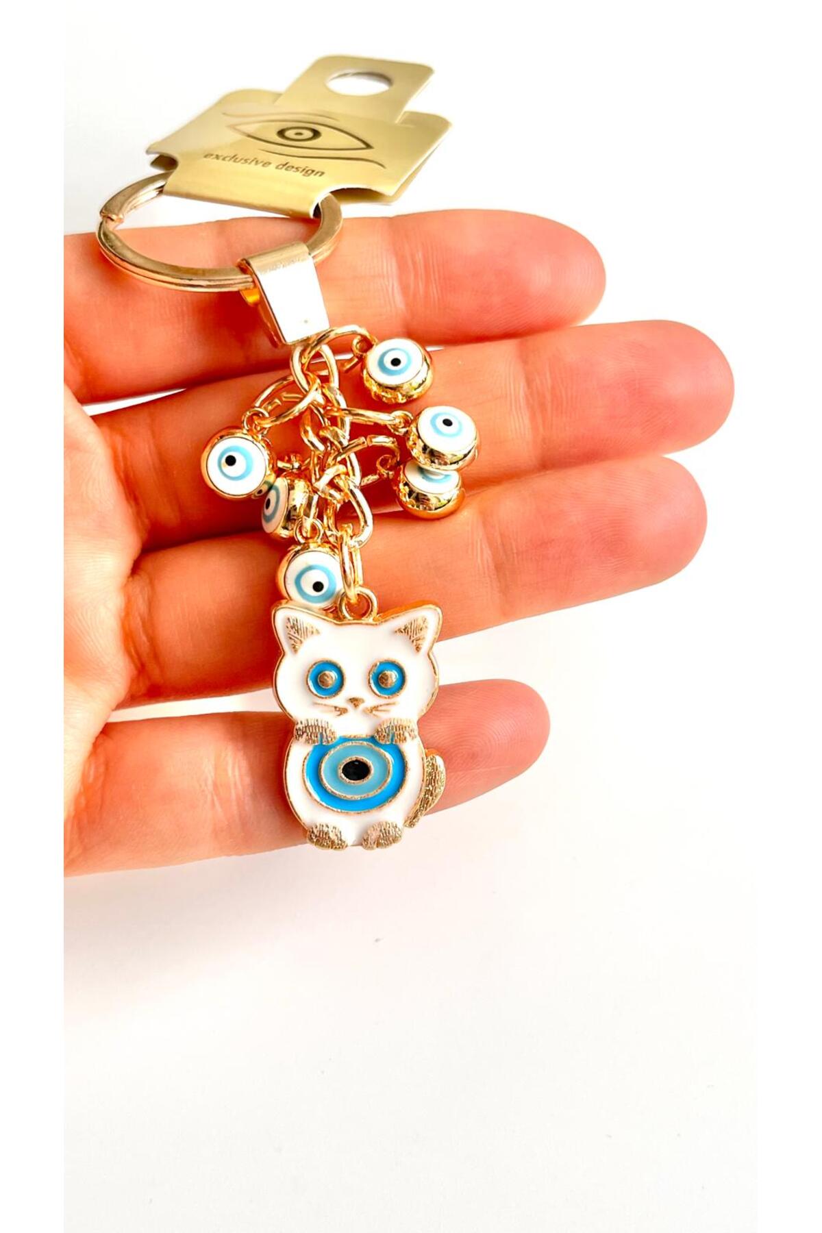 Madeleine Dangling Evil Eye Keychain - White Cat Evil Eye