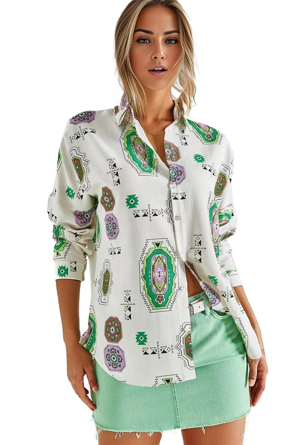 Emilia Women's Linen-Viscose Blend Oversized Printed Shirt - Green Boho Print