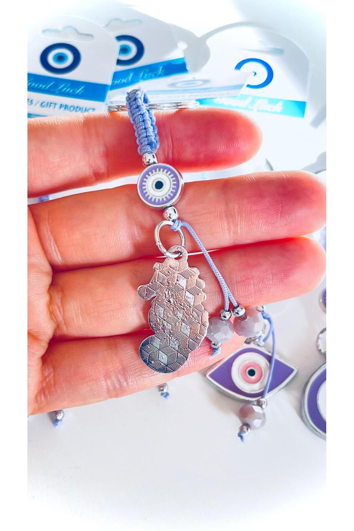 Abigail Silver-Plated Evil Eye Keychain - Lilac Seahorse