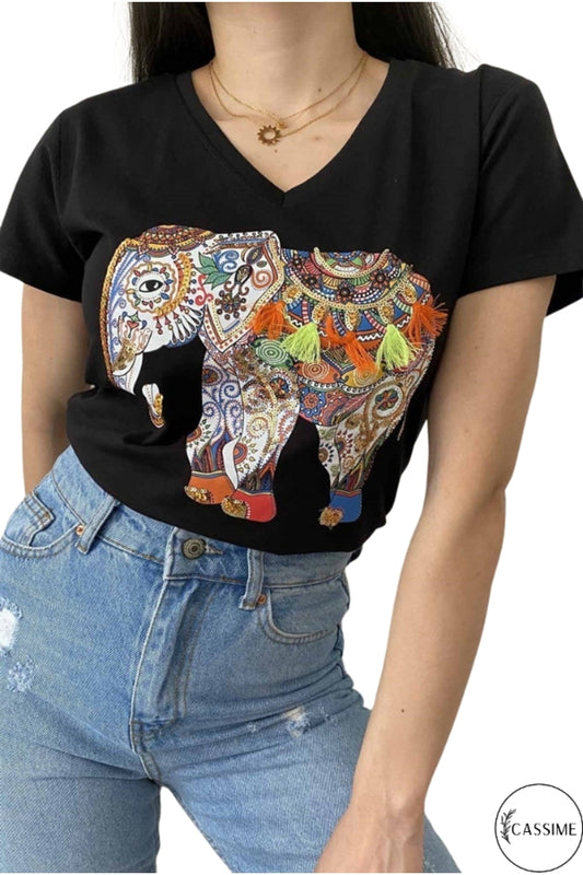 Sophie Women's Cotton Embellished V-Neck T-Shirt - Black with Multicolor Tassel Elephant