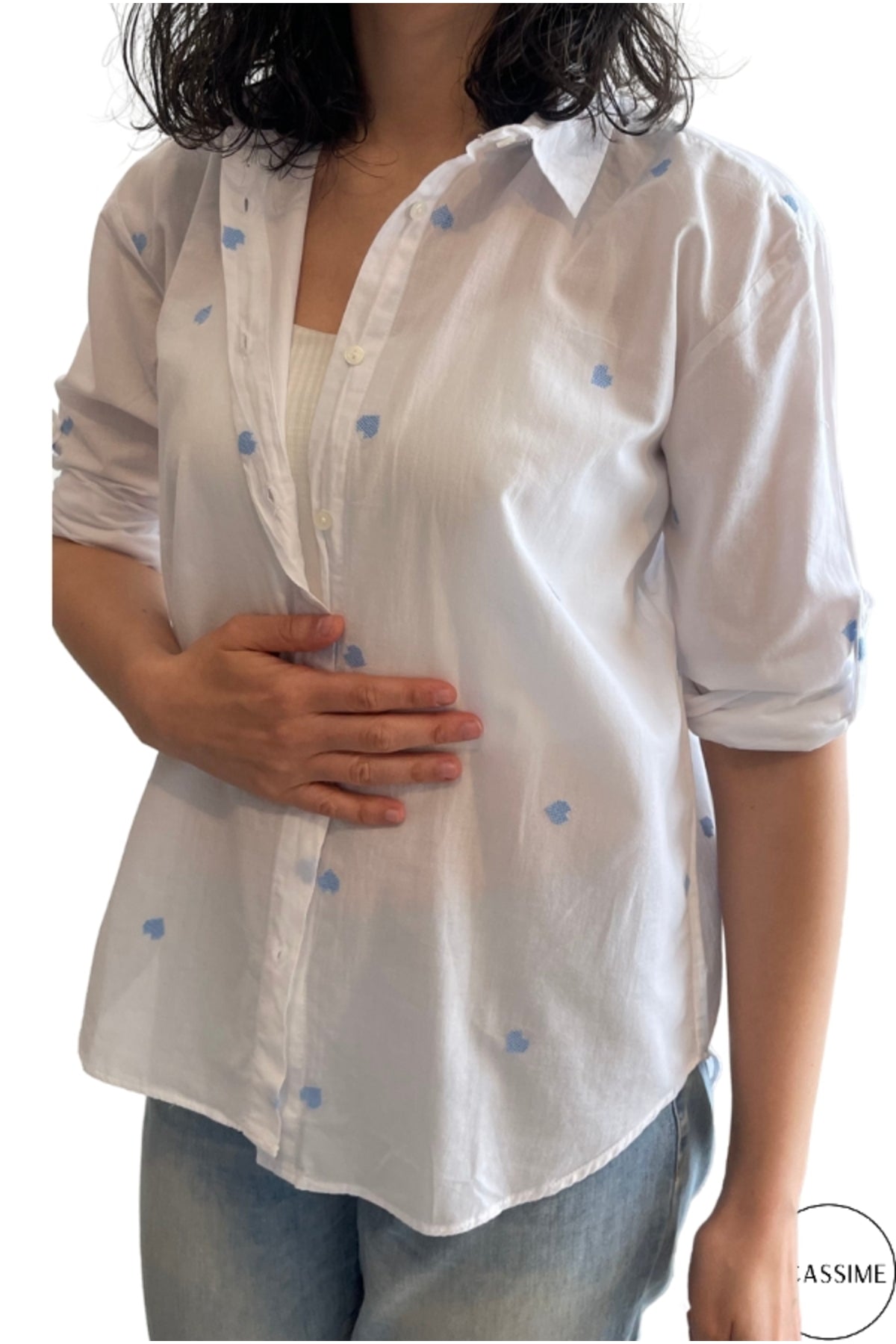 Ella Women's Cotton Embroidered Button-Up Shirt - White with Blue Hearts