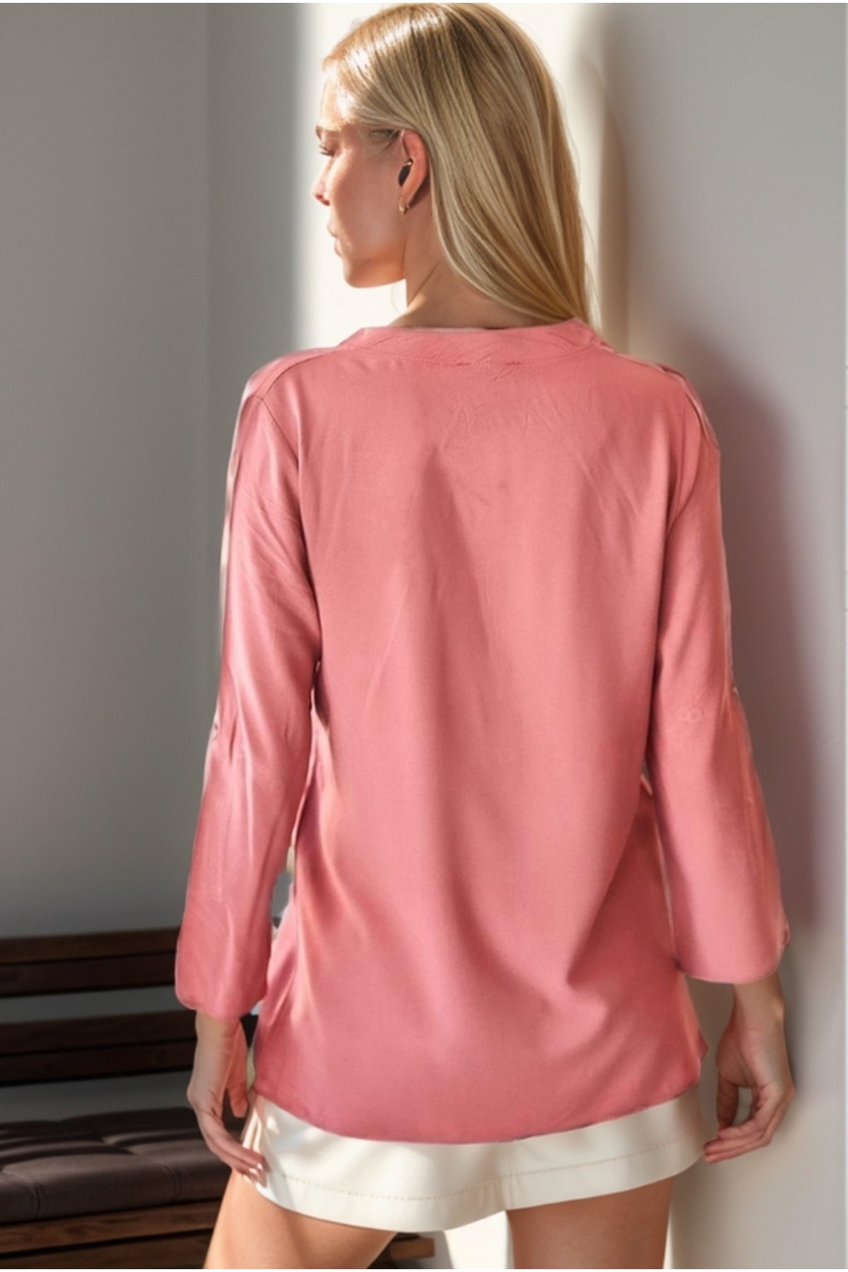 Cora Women's Viscose Mandarin Collar Roll-Sleeve Blouse - Dusty Rose