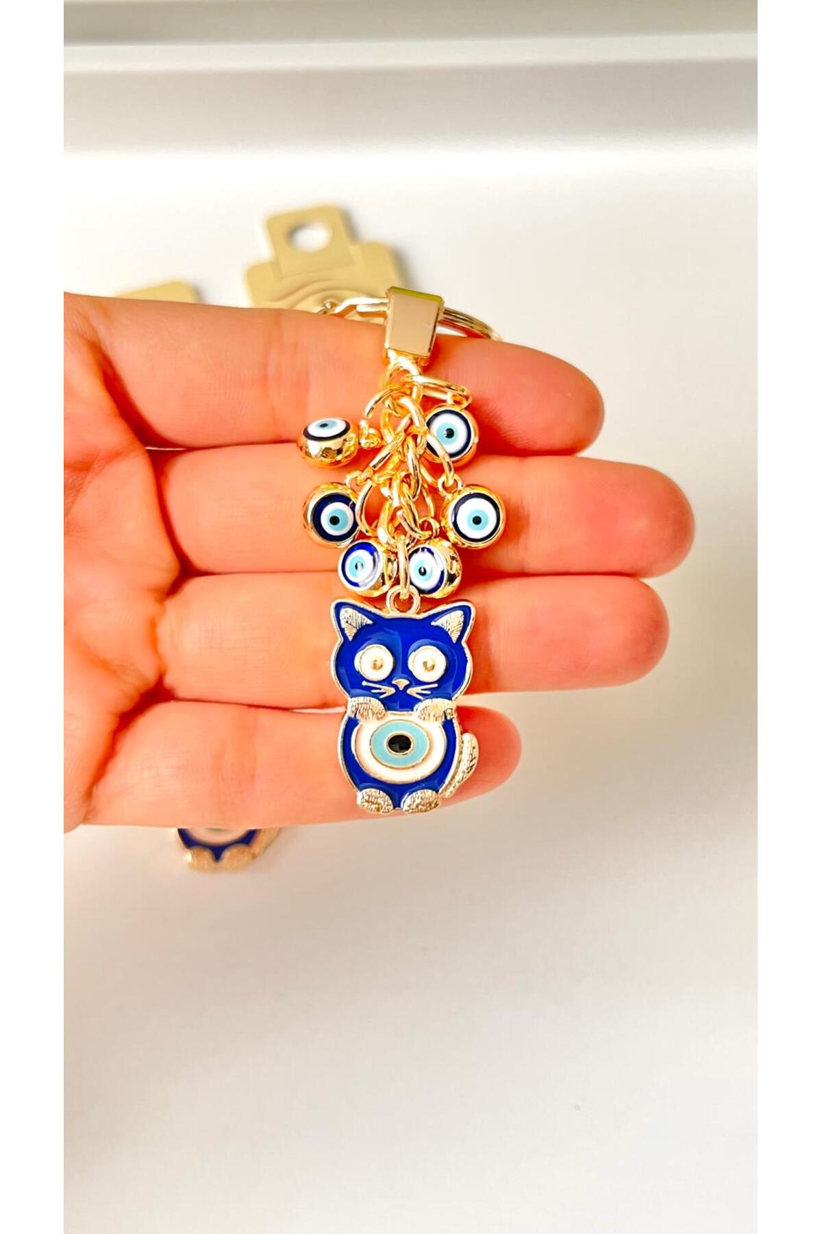 Madeleine Dangling Evil Eye Keychain - Navy Cat Design