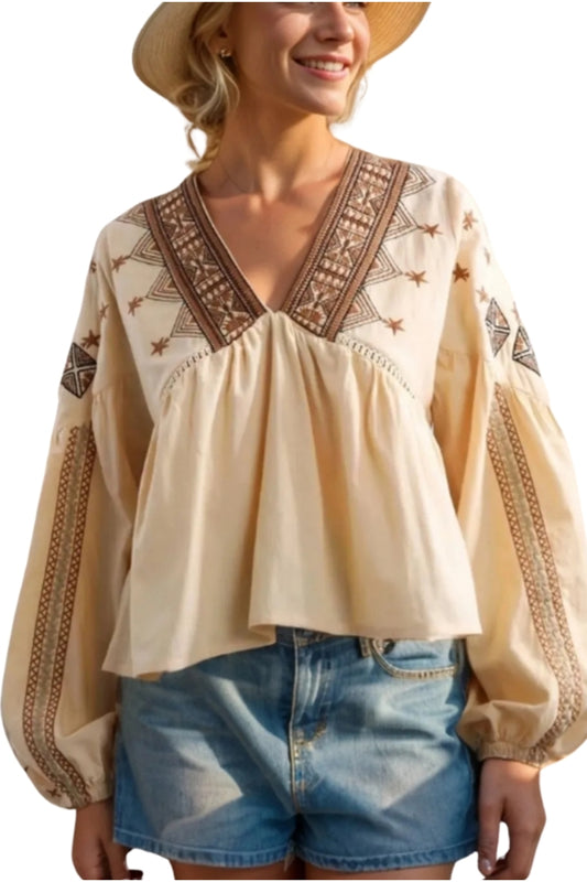Pippa Women's Cotton Floral Embroidered Long Sleeve Blouse - Beige and Brown