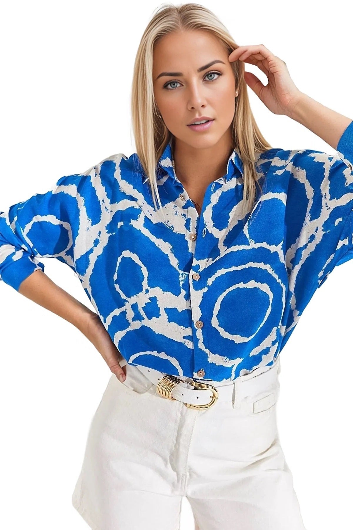 Emilia Women's Linen-Viscose Blend Oversized Printed Shirt - Blue Ring Pattern