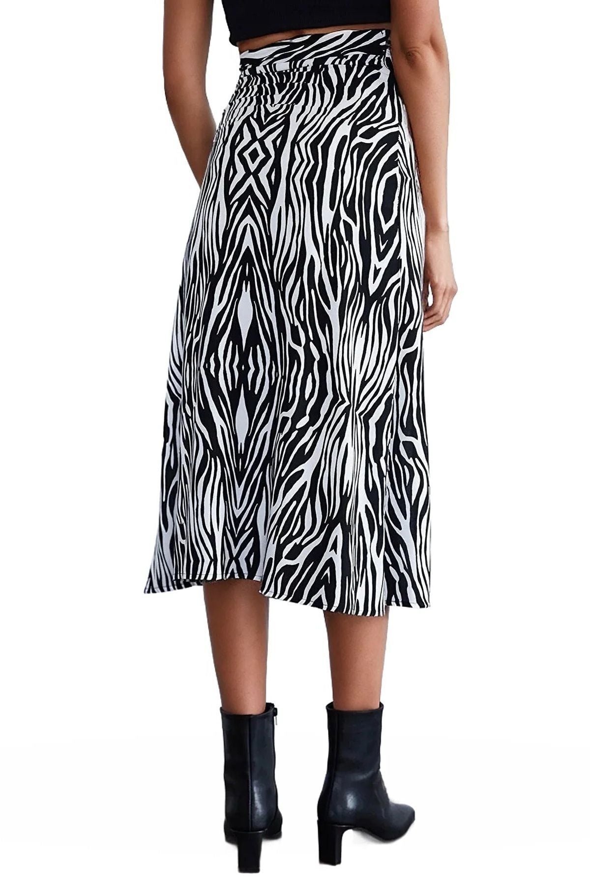 Genevieve Women's Viscose Midi Skirt with Side Slit - Black and White Zebra Print