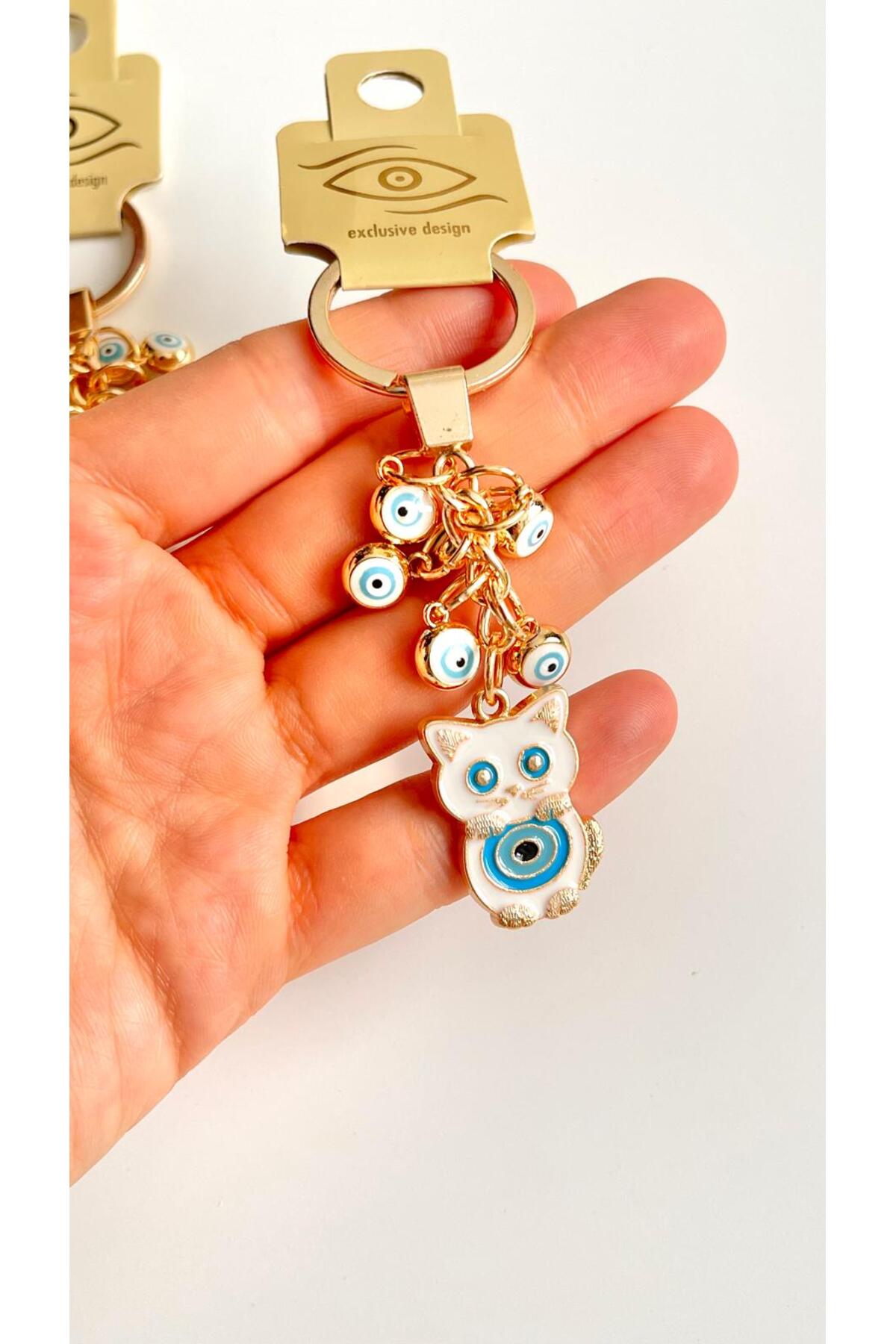 Madeleine Dangling Evil Eye Keychain - White Cat Evil Eye