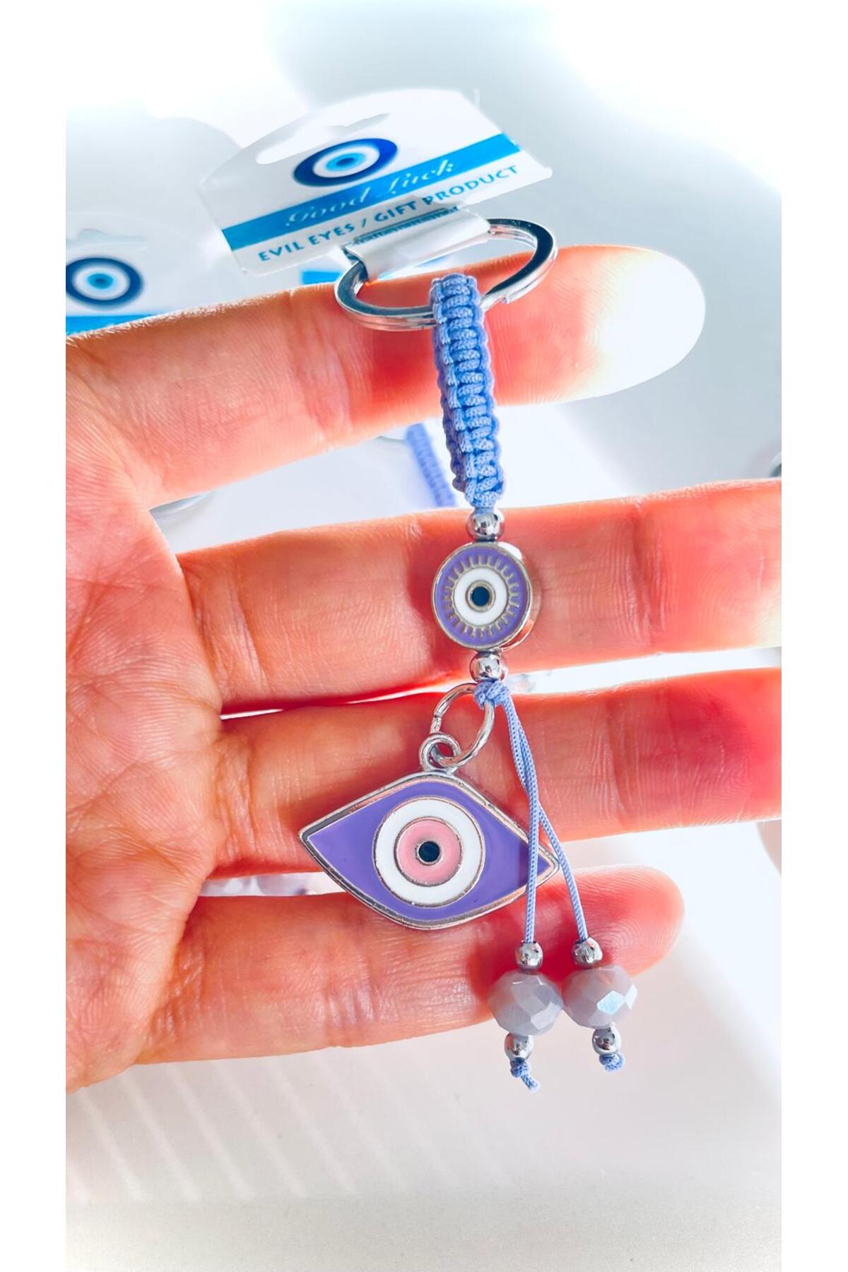 Abigail Silver-Plated Evil Eye Keychain - Lilac Oval Evil Eye Design