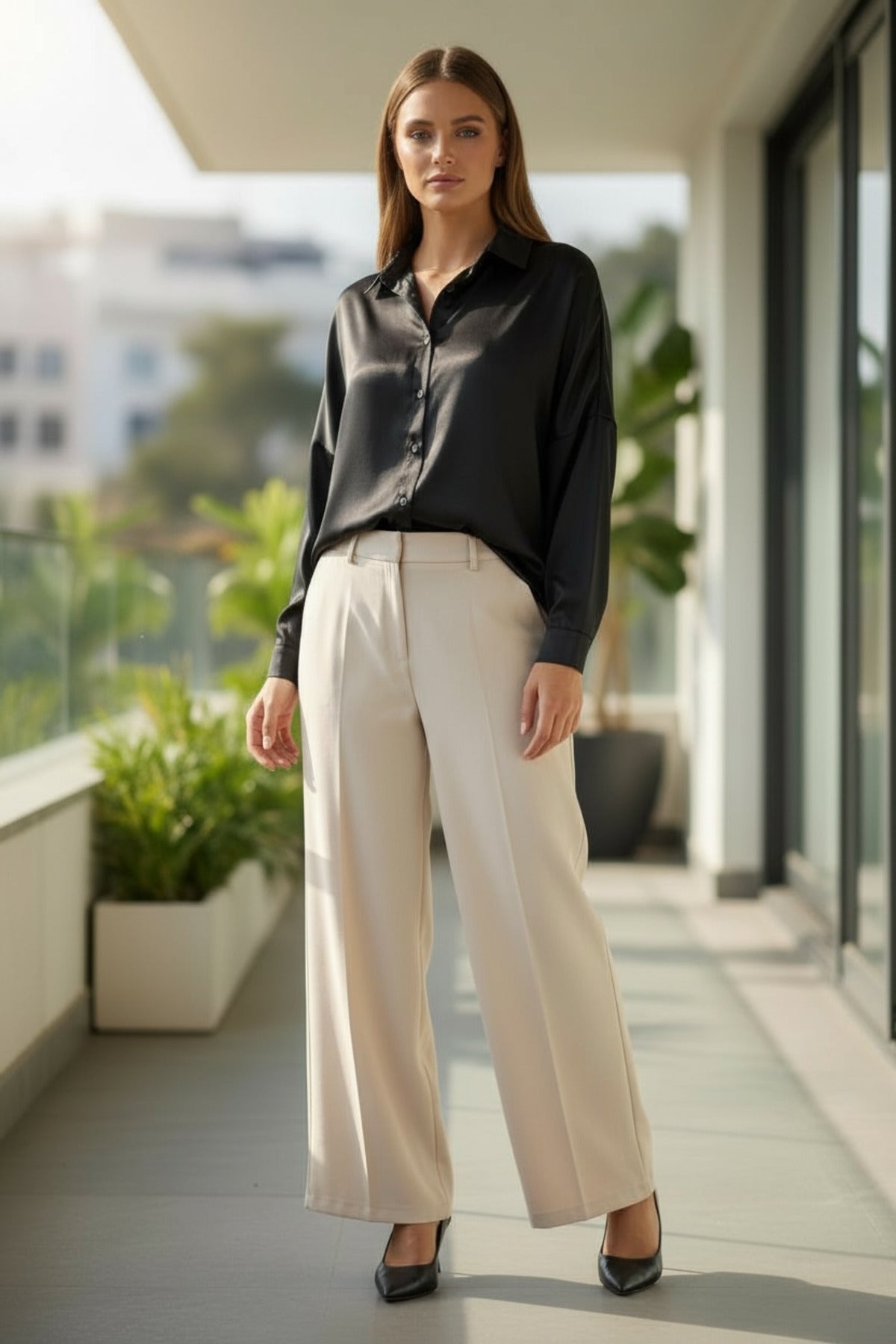 Caroline Women's Relaxed Fit Satin Shirt - Black