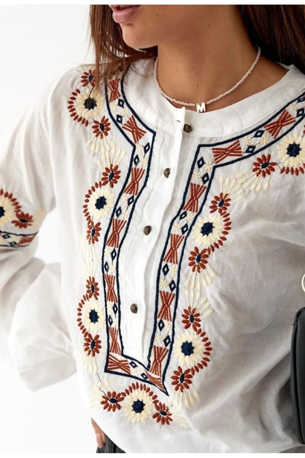 Summer Women's Cotton Boho Embroidered Button-Up Blouse - White